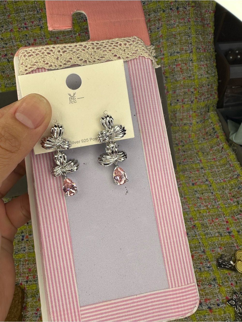 Silver Floral Drop Earrings with Pink Teardrop Stones
